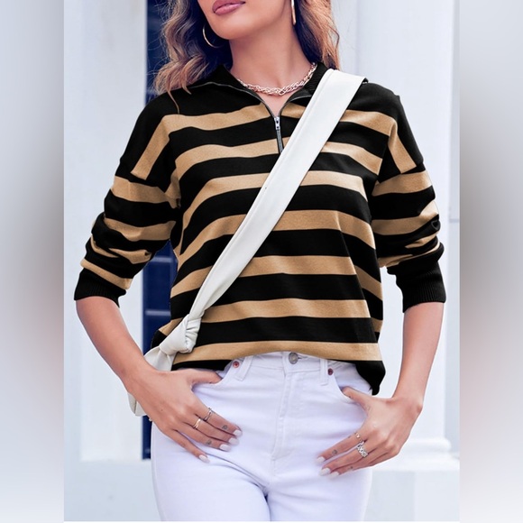 NWOT Women’s Long Sleeve Lightweight Khaki  & Black Striped Half Zip Sweat… - Picture 3 of 8